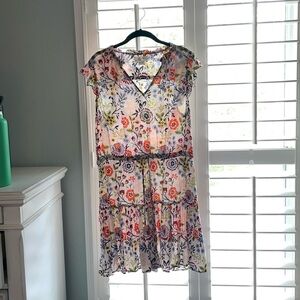 Drawstring waist dress with capped sleeves, floral